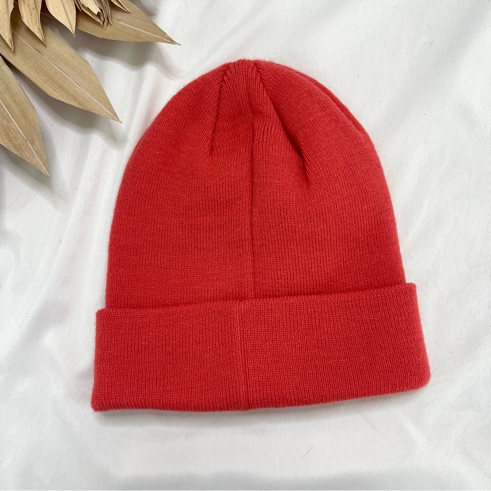 Timberland Tonal Patch Cuffed Pink Salmon Peach Knit Winter Beanie Toque Hat - Picture 4 of 4